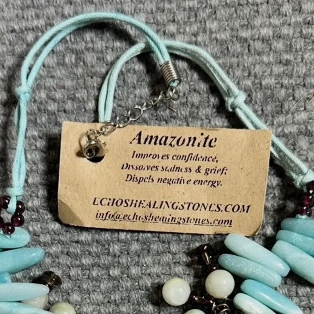 Echos Healing Stones Amazonite Garnet Necklace Blue Boho Artisan Bohemian NEW